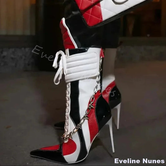 Mixed Colors Lace-up Motorcycle Boots Women Sports Style Pointed Toe Stiletto Heel Ankle Boots 2026 Fashion Plus-size Long Boots