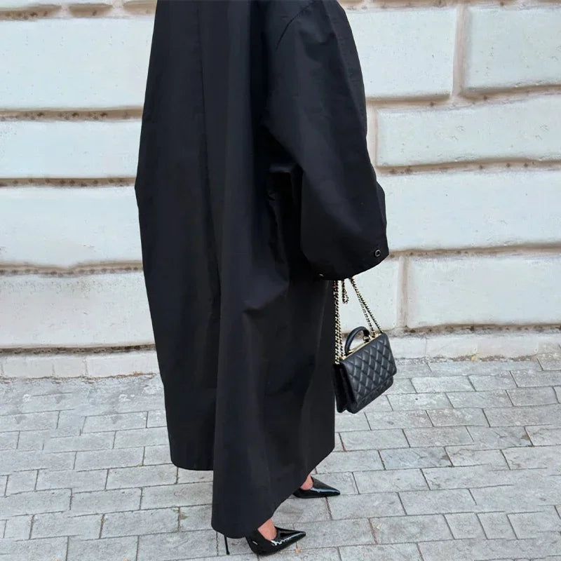 Black Stand Collar Trench Coat Women Casual Long Sleeve Single-breasted Loose Windbreaker 2026 Lady Autumn High Street Outwear