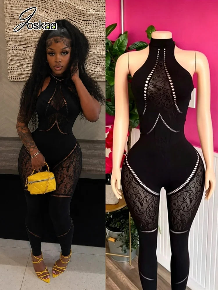 Joskaa Black Halter Neck Jumpsuits Women Sexy Print Hollow Out See Through Backless Bodycon Rompers Nightclub Party Outfits