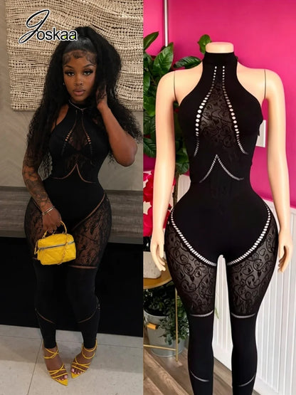 Joskaa Black Halter Neck Jumpsuits Women Sexy Print Hollow Out See Through Backless Bodycon Rompers Nightclub Party Outfits