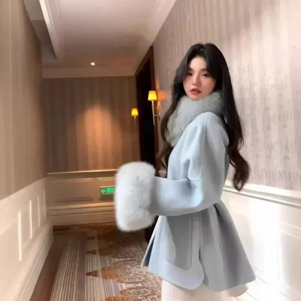 ORTBUY Autumn Winter New Fur Coat  Fox Fur Collar Jacket Female Double-sided Woolen Coat Small Double-sided Cashmere Coat Women