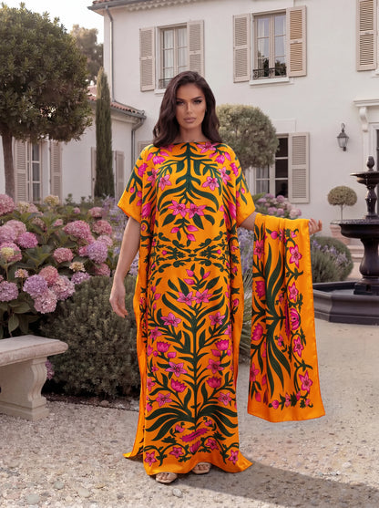 Boho Tropical Floral Leaf Print Satin Abaya Scarf Set, Loose Batwing Maxi Kaftan for Muslim Women Summer Beach Holiday Wear