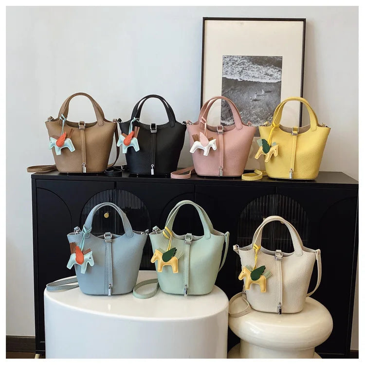 Fashion Vegetable Basket Bucket Bag Women's Autumn New Lychee Pattern Shoulder Bag Simple Solid Color Niche Messenger Bag