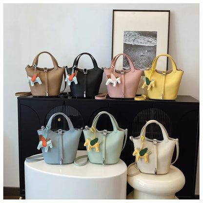 Fashion Vegetable Basket Bucket Bag Women's Autumn New Lychee Pattern Shoulder Bag Simple Solid Color Niche Messenger Bag