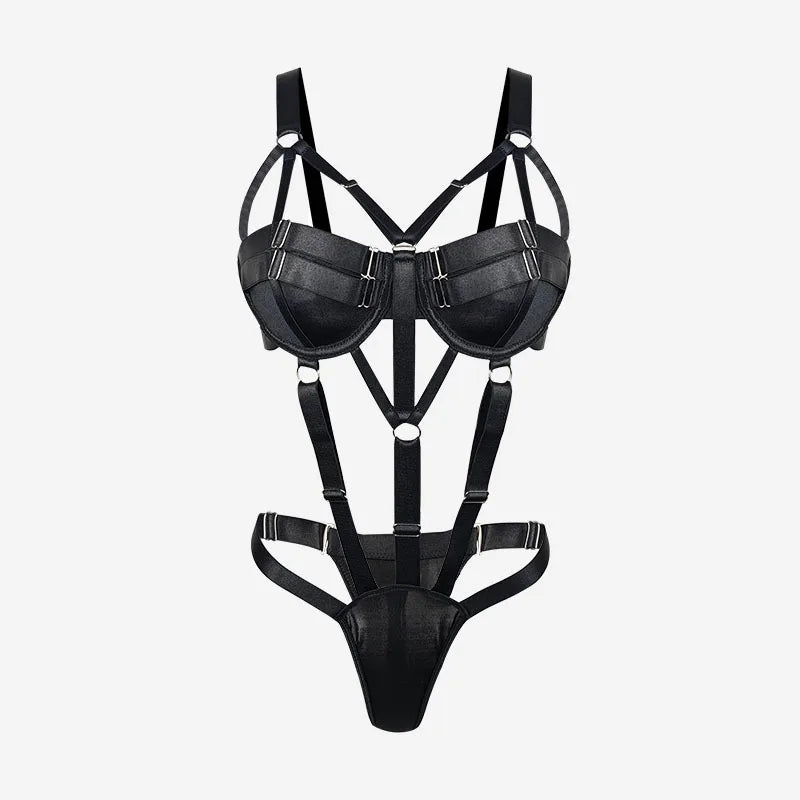 Magdalyn Women Sexy Intimate Strappy Bodysuits Fashion Underwire Push Up Skinny Rompers Slim Hollow Solid Black Rompers Lingerie