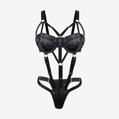 Magdalyn Women Sexy Intimate Strappy Bodysuits Fashion Underwire Push Up Skinny Rompers Slim Hollow Solid Black Rompers Lingerie