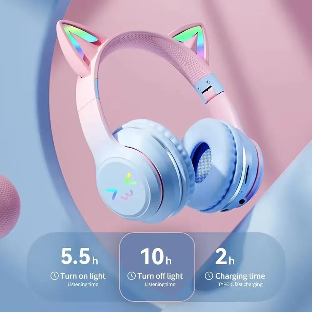 GRB Glow Gaming Headset Gamer Stereo Bass Cat Ear Wireless Earpods Bluetooth Earphones TYPE-C Cable Headphones Blutooth Handfree
