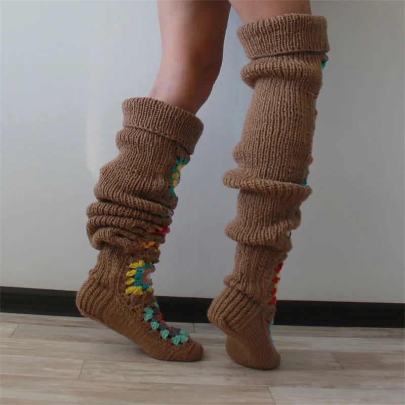 2025 New Womens Autumn Winter Thigh Socks Extra Long Ethnic Crochet Knit Stockings Over Knee Socks Hot Sale