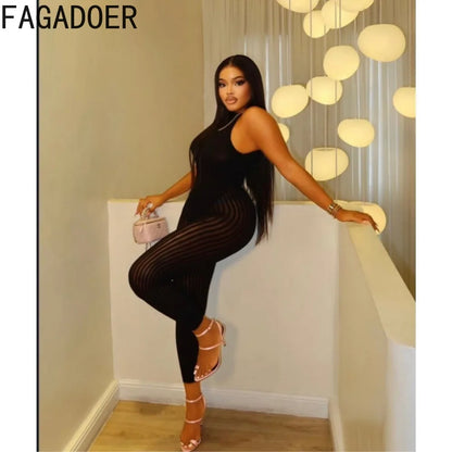 FAGADOER Sexy Mesh See Through Black Jumpsuits Hot Girl Back Hollow Out Patchwork  Bodycon Rompers Night Party Club Playsuits