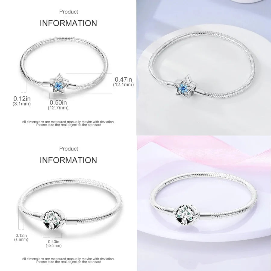 Silver 925 Bracelet Original Bracelets Colorful Zircon Heart Flower Cat Snake Chain For DIY Charms 17-20CM Luxury Jewelry Gifts