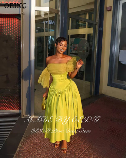 OEING Light Green A-Line Prom Dresses Off The Shoulder Pleats Sleeveless Satin Party Gowns Ankle Length Evening Dress Customized