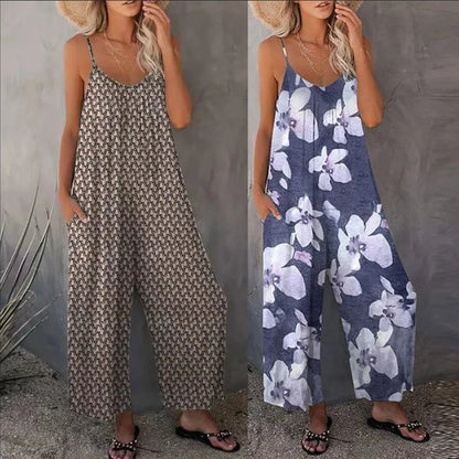 Summer New Women's Printed Casual Sleeveless Loose Wide Leg jumpsuit