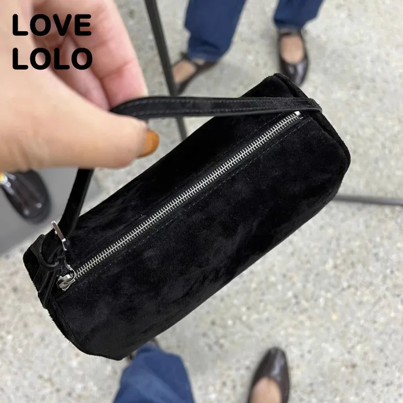 2025 New Luxury 90s Pen Holder Bag Genuine Soft Cowhide & Suede Mini Crossbody Bag Hand-Carry Vintage Shoulder Purse for Women