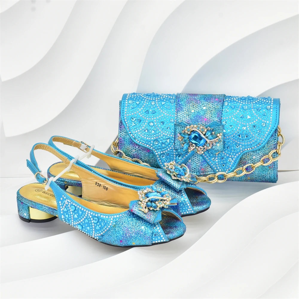 Elegant Peep Toe Low Heels Rhinestone Handbag Set for Women Bag and Shoe Woman Set Luxury Wedding Party Footwear and Accessory