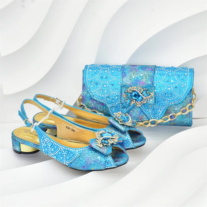 Elegant Peep Toe Low Heels Rhinestone Handbag Set for Women Bag and Shoe Woman Set Luxury Wedding Party Footwear and Accessory