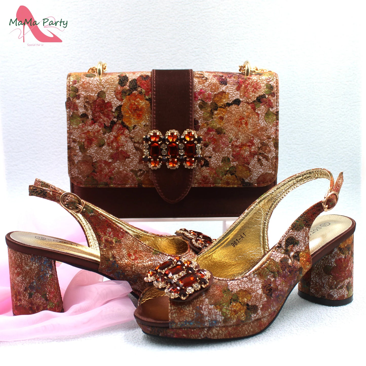 2024 Mature Style High Quality Comfortable Heels Italian Women Shoes and Bag Set with Shinning Crystal in Yellow Color
