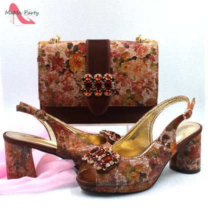 2024 Mature Style High Quality Comfortable Heels Italian Women Shoes and Bag Set with Shinning Crystal in Yellow Color