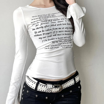 New y2k sleeve slit letter print diagonal hem personalized top, spicy girl street slimming versatile, slimming and casual long s
