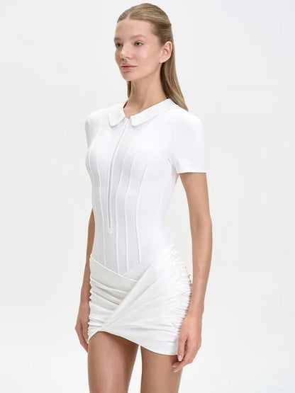 Sibybo Polo Collar Zipper Women Jumpsuits Set Short Sleeve High Elastic Rompers Ruched Bodycon Skirt Spring Casual Matching Sets