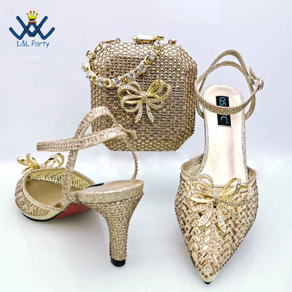 Concise New Design African Italian Women Shoes and Bag Set in Magenta Color High Quality Pumps for Wedding Party