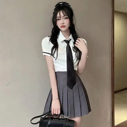 2025 improved daily jk uniform summer new white short/long sleeve shirt + pleated skirt jk uniform two-piece set for women w237