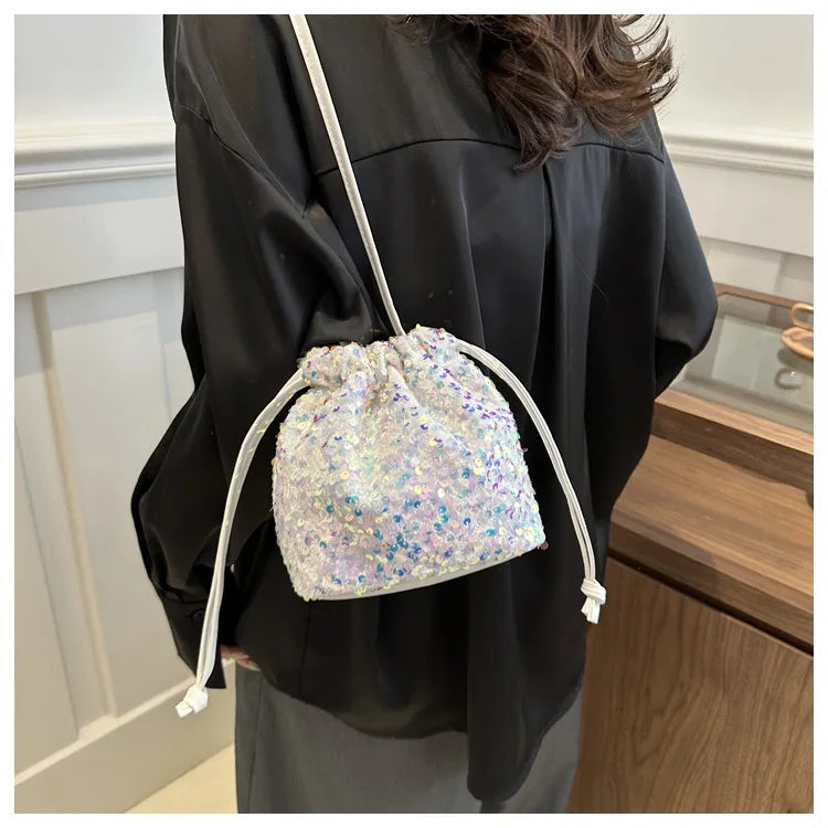Shiny Sequin Drawstring Shoulder Bags for Women, Mini Crossbody Purse ,Sparkly Evening Handbag Suitable for Party Night Out