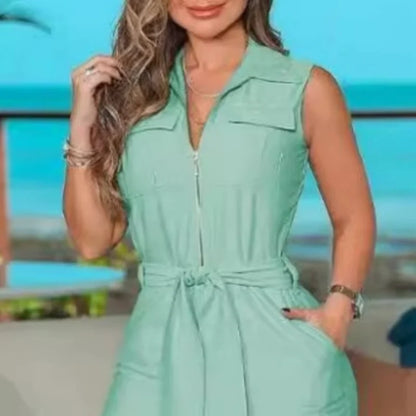 Elegant Shirt Collar Jumpsuit Sleeveless Solid Color Zipper Strap Wide Leg Jumpsuit Ladies Clothing One-piece Top Long Pants