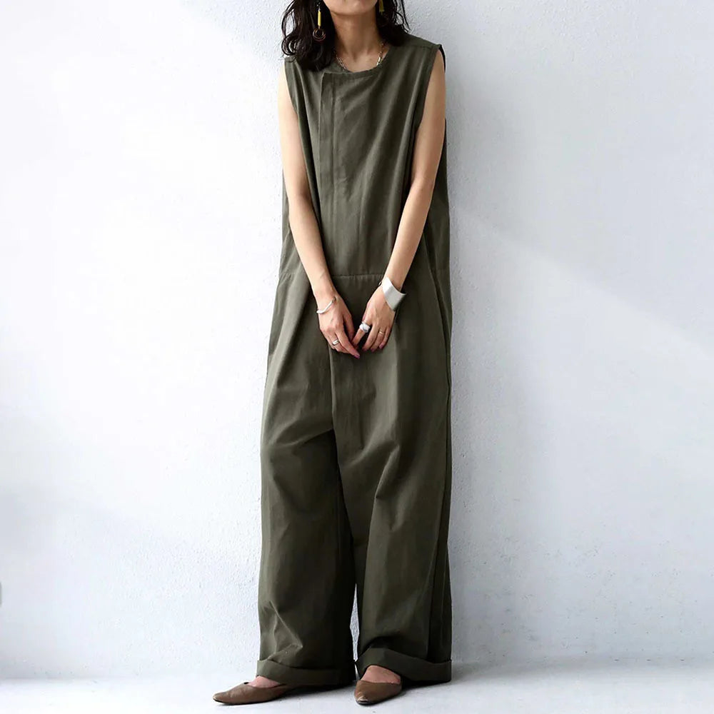 Women Jumpsuits Solid Romper Round Neck Sleeveless Full Length Straight Pants Slight Strech Loose Fit Casual Elegant 2026 Summer