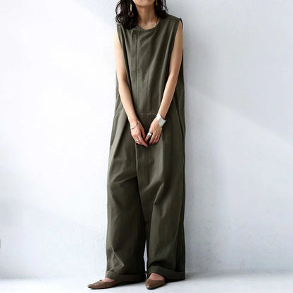Women Jumpsuits Solid Romper Round Neck Sleeveless Full Length Straight Pants Slight Strech Loose Fit Casual Elegant 2026 Summer