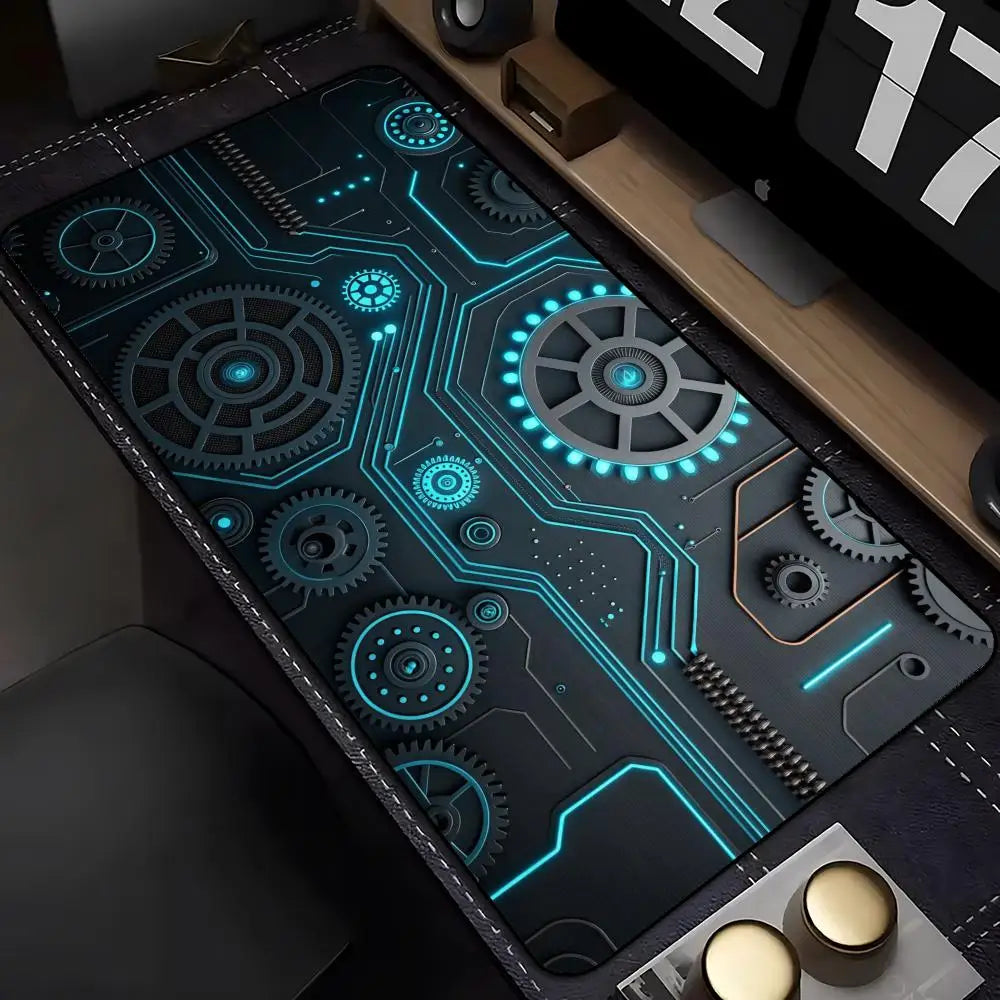 Large XXL Gaming Mouse Pad Desk Mat Keyboard Pad Cyan Circuit Gear Tech Cyberpunk Aesthetic  Mousepad For E-Sports Gamers Boys