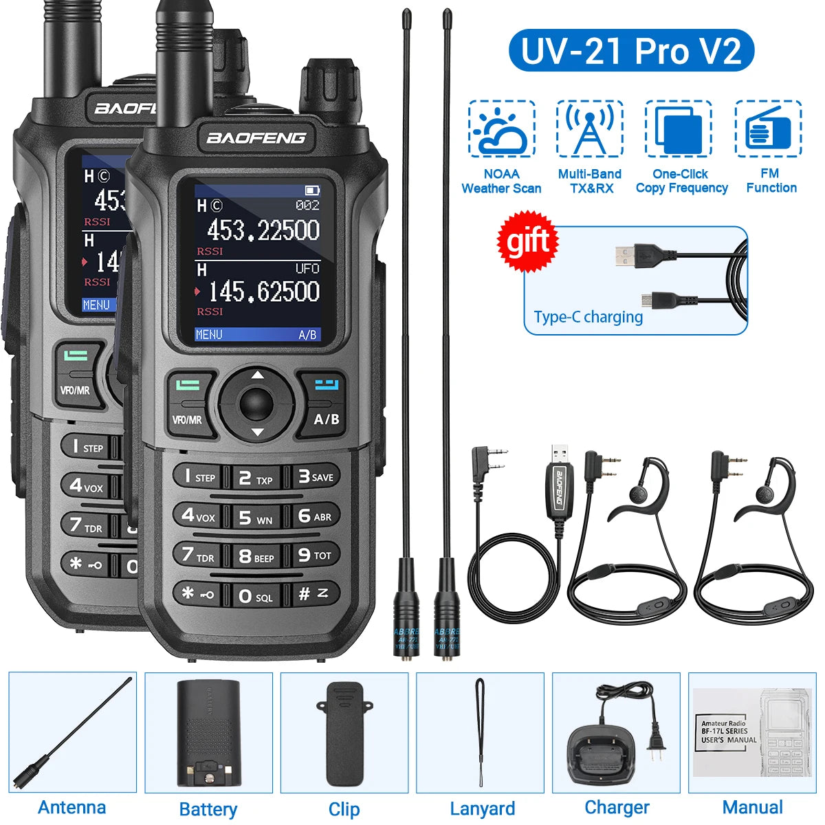 2PCS Baofeng UV-21 Pro Walkie Talkie Multi Band Wireless Copy Frequency Long Range 999CH AM High Power UV 5R K6 5RH Ham Radio