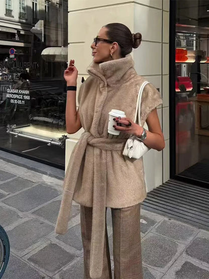 Casual Faux Fur Vests Women Loose High Neck Sleeveless Belts Waistcoat Female 2026 Spring New Chic Thicken Warm Solid Outwears