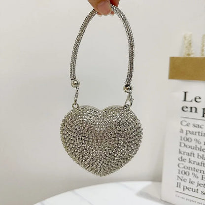 Luxury Small Bling Heart Shape Diamond Evening Clutch Rhinestones Purse Ladies Fashion Bag Designer for Women Chain Shoulder Bag