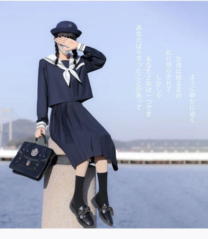 65cm longuette JK Uniform Sets Japanese Women girls uniform dark blue Short/long Sleeve School Uniforms Sailor Pleated Skirt