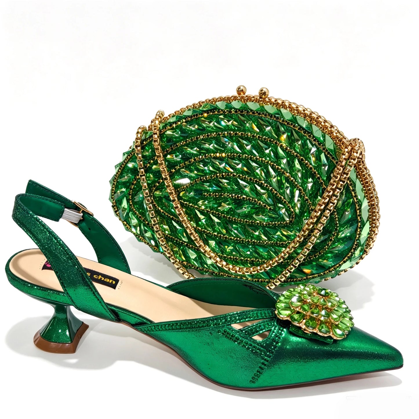 New Shoes and Bags Matching Set Nigerian Women Heel Party for Women green Colour Italian Design Wedding INS Design
