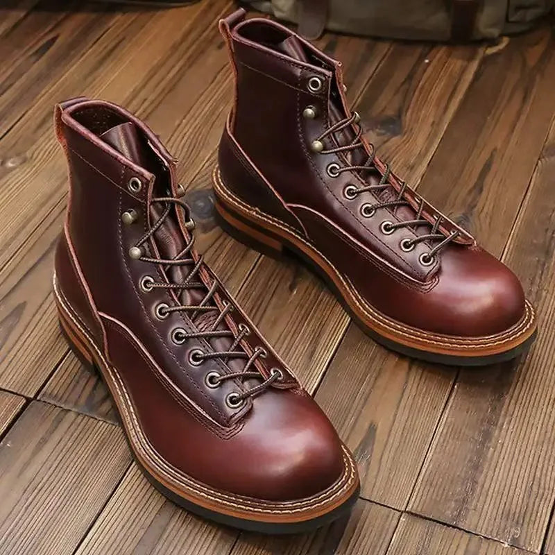 Hot Cowhide Men's Trekking Boot British Ankle Casual Sneakers Trekking Shoes Thick Soled High Top Motorcycle Boots