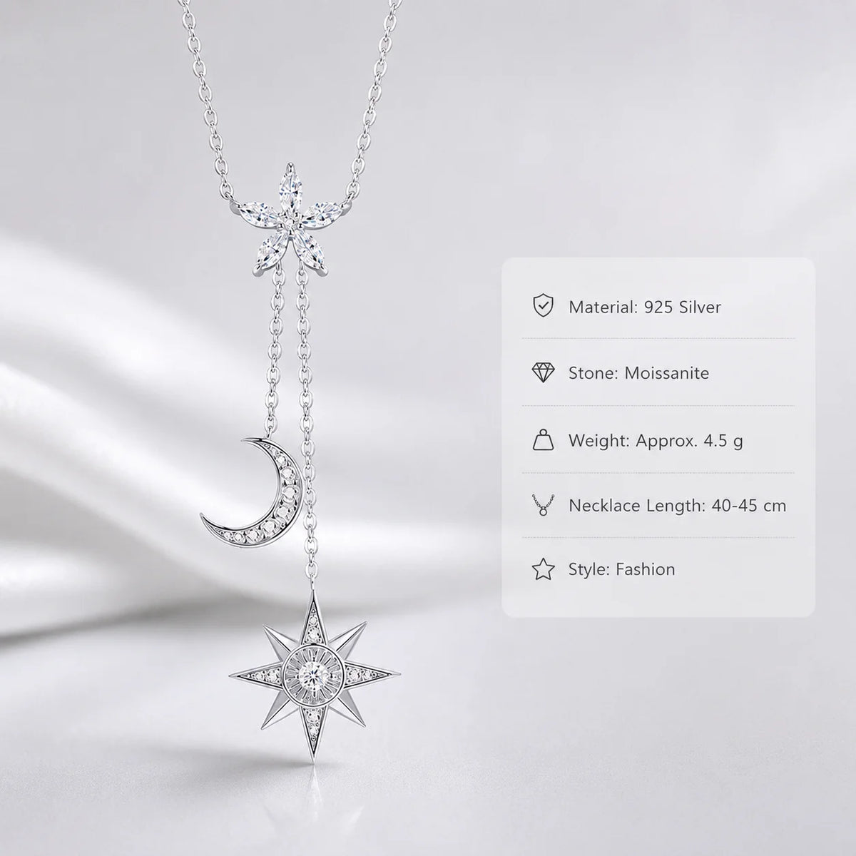 Moissanite Celestial Necklace for Women S925 Sterling Silver Star Moon Y Drop Lariat D Color VVS1 GRA Certified Fine Jewelry