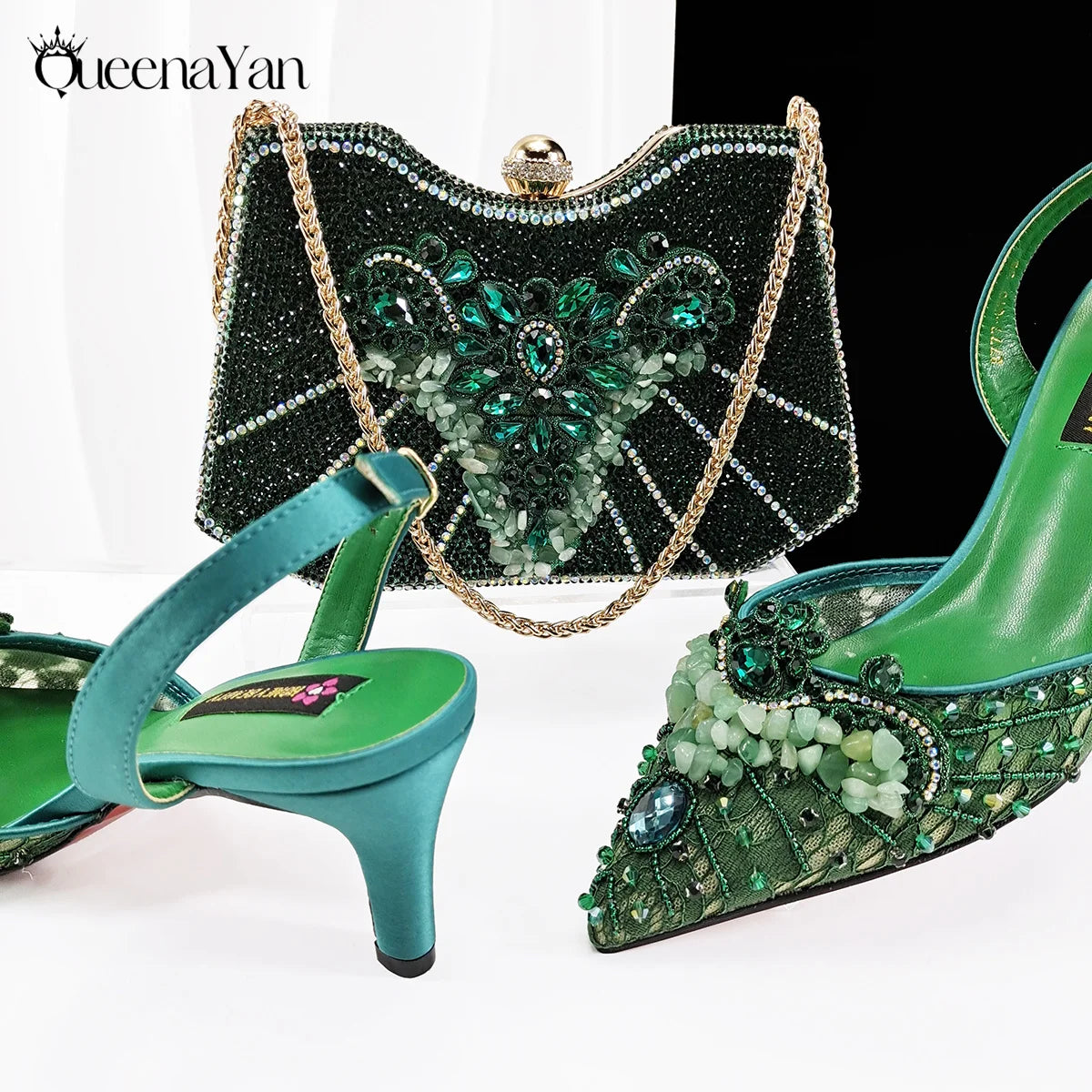 Queena Yan New Arrival Purple Color Rhinestone Decoration Design Party Wedding Lady Pointed Toe High Heels and Bag Set