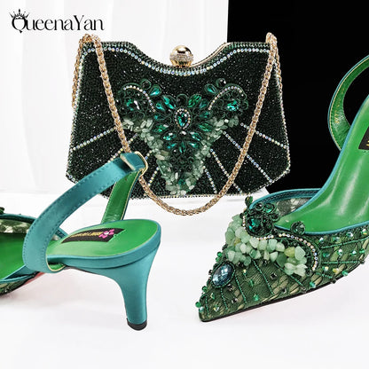 Queena Yan New Arrival Purple Color Rhinestone Decoration Design Party Wedding Lady Pointed Toe High Heels and Bag Set