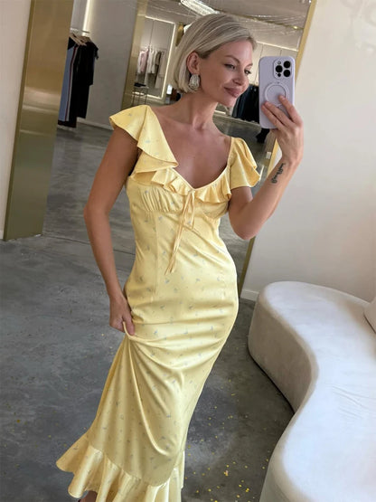 Elegant Women's Backless Yellow Lace Dresses Cross-back Design Long Slim Fit A-line Summer Dress Y2k Vacation Travel Vestido2026