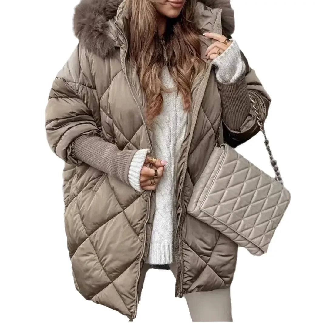 Hooded Cotton Winter Coat Women Street Fur Collar Overcoat Casual Thickened Zipper Warm Jacket Female Parka Tops Outerwear