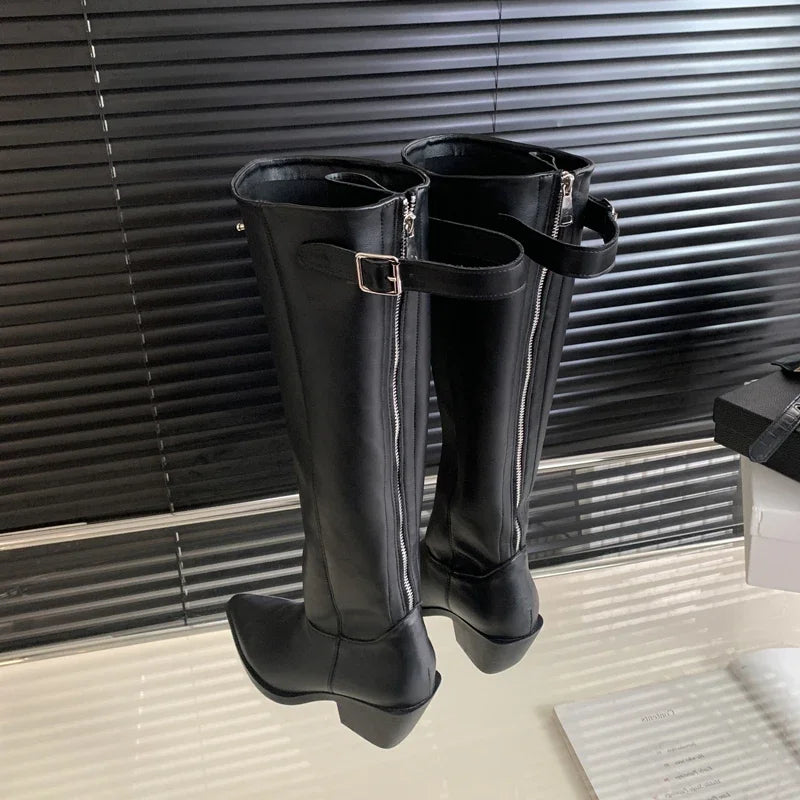 Eilyken Designer Belt Buckle Pointed Toe Women Knee-High Boots Fashion Winter Zipper Square Low Heels Female Shoes