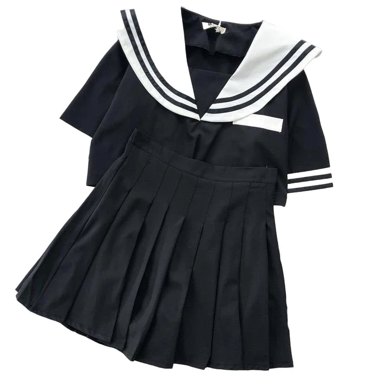Japanese New Sailor Suit White and Navy Summer Women Student JK Uniform Suit College Style Girls Short Top Pleated Skirt Sets