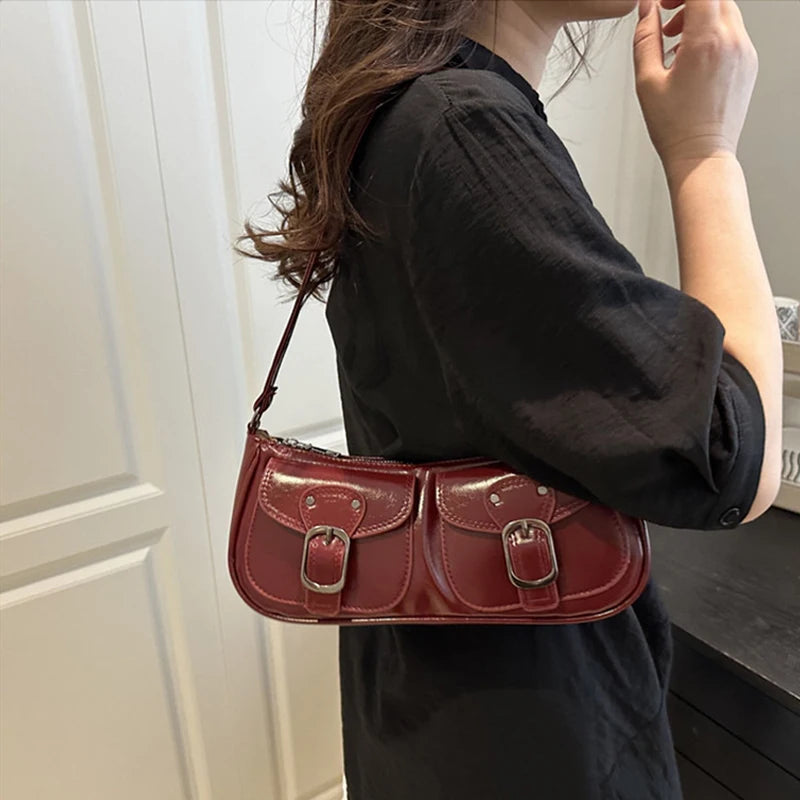 Fashion Pu Leather Women's Shoulder Bag Small Double Pocket Design Ladies Underarm Bags Y2k Vintage Female Handbags Clutch Purse