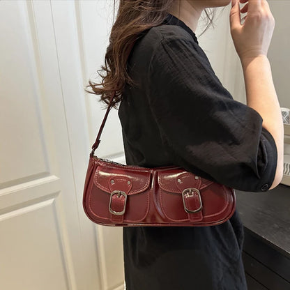 Fashion Pu Leather Women's Shoulder Bag Small Double Pocket Design Ladies Underarm Bags Y2k Vintage Female Handbags Clutch Purse