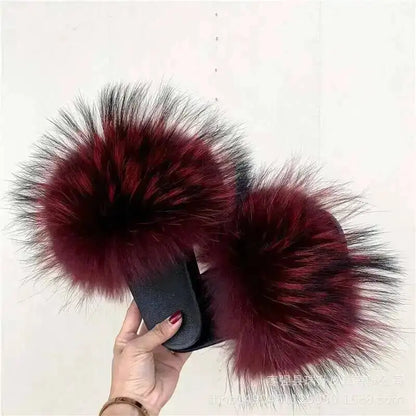 Real Raccoon Fur Slippers For Women 2026 Summer Fluffy Indoor House Fuzzy Flat Slides Outdoor Fashion Beach Sandals Flip Flops