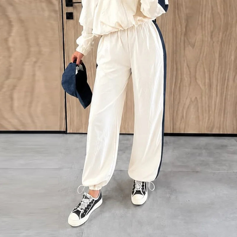 Lady'snavy Chevron Stripe Windbreaker Tracksuit Zip Cropped Jacket Contrast Trim Shorts 2026 Casual Sport Daily Jogging Street