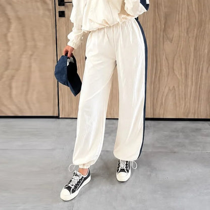 Lady'snavy Chevron Stripe Windbreaker Tracksuit Zip Cropped Jacket Contrast Trim Shorts 2026 Casual Sport Daily Jogging Street
