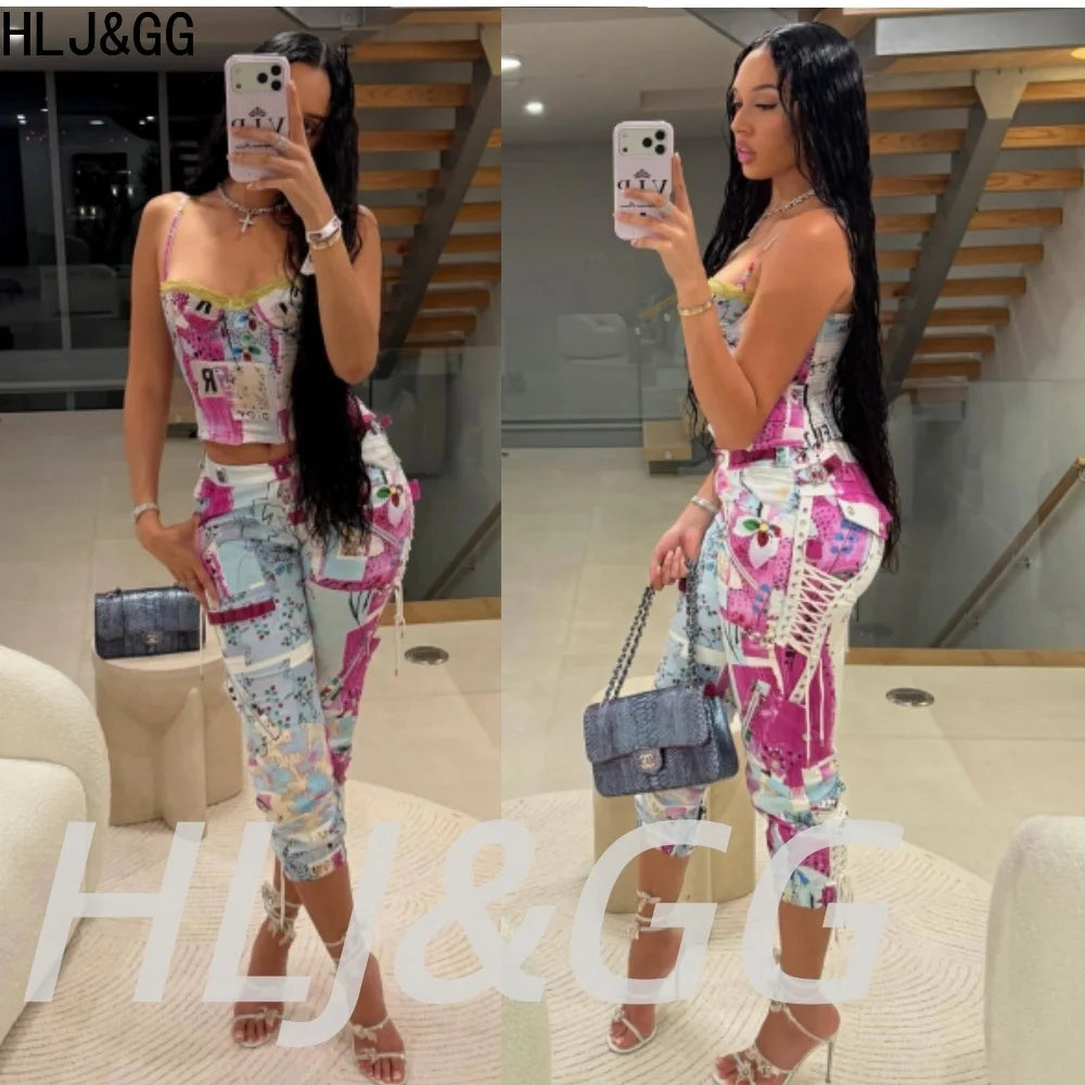 HLJ&GG Sexy Hot Graffiti Bandage Skinny Pants Two Piece Sets Women Spaghetti Strap Lace Splice Crop Top And Pants Streetwear