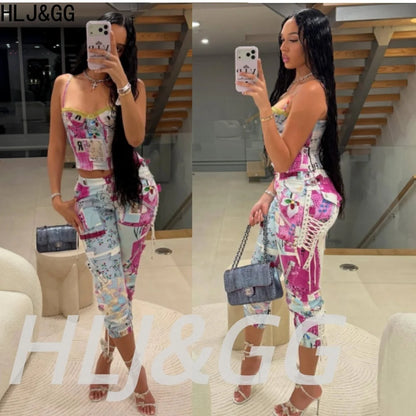 HLJ&GG Sexy Hot Graffiti Bandage Skinny Pants Two Piece Sets Women Spaghetti Strap Lace Splice Crop Top And Pants Streetwear